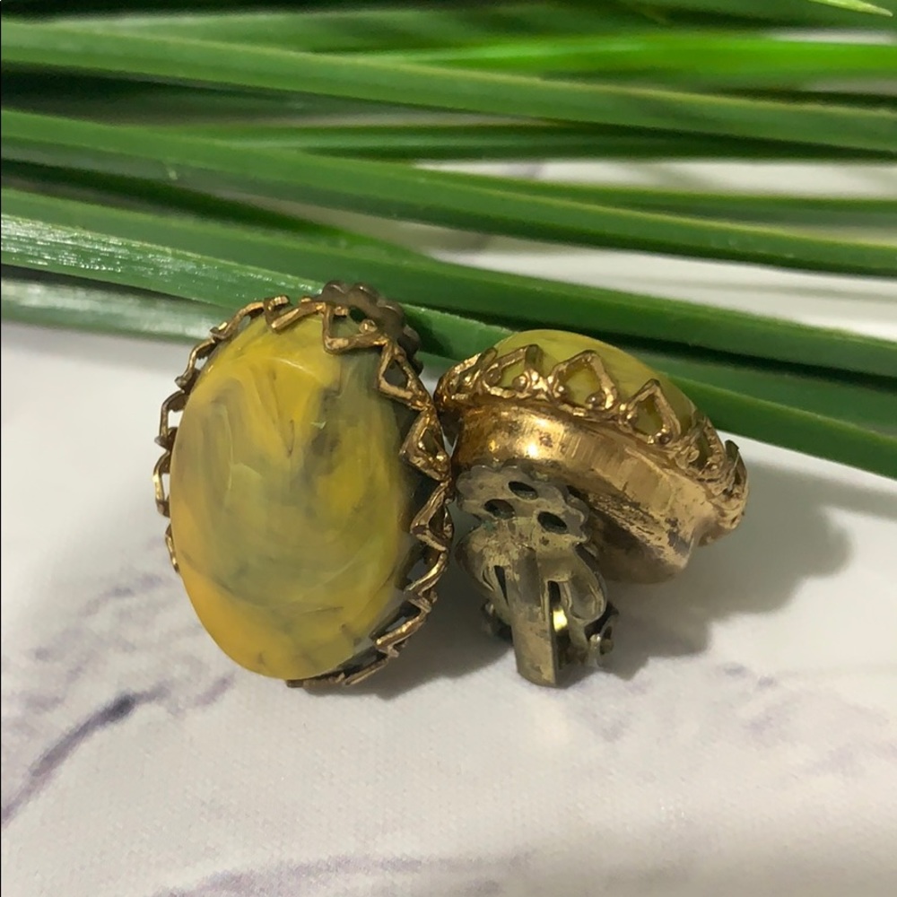 Vintage Lacquered Marbled Clip-On Earrings Oval Gold Tone Filigree Setting